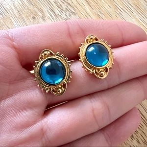 Vintage gold tone blue cabochon earrings